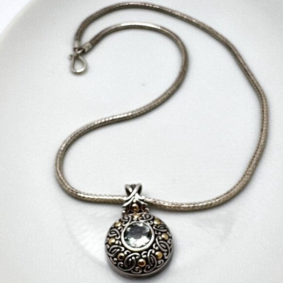 Bali Prasiolite Pendant Necklace Sterling Silver 18K Gold Scrollwork 16" - Picture 2 of 16